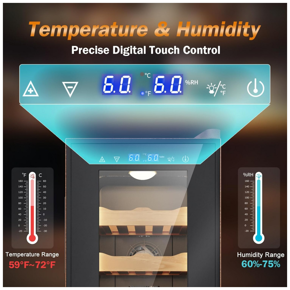 Gabinete Humidor Elétrico Velivi Preto com Controle Digital de Temperatura e Umidade 35 Litros 115V