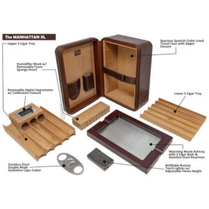 Umidor Portátil Prestige Import Group Manhattan XL Marrom com Kit Completo para Charutos e Acessórios 23 cm