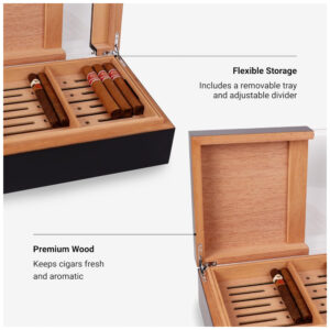 Umidor para Charutos Aroma360 Madeira Elegante Divisor Ajustável Bandeja Removível
