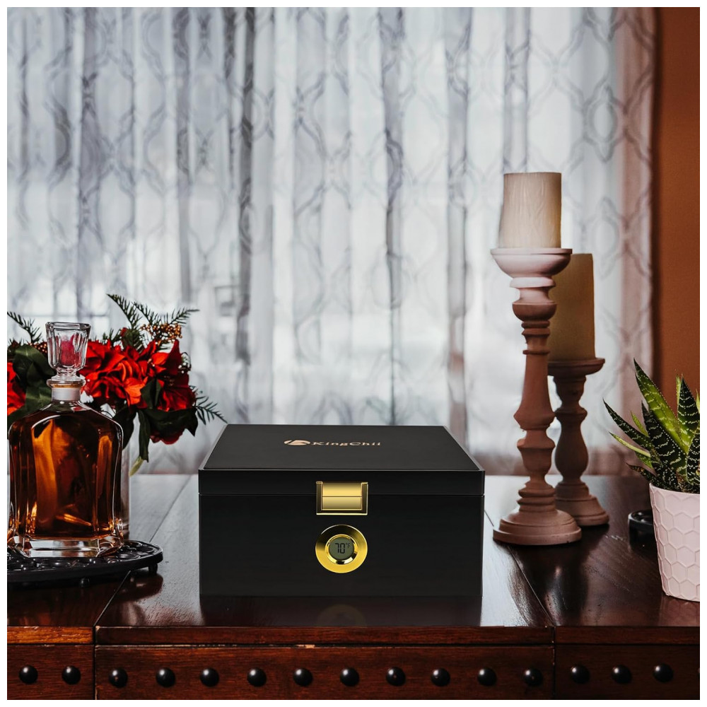 Humidor Elétrico KingChii Preto Controle Temperatura 18 23 C com Cedro Espanhol 3 L