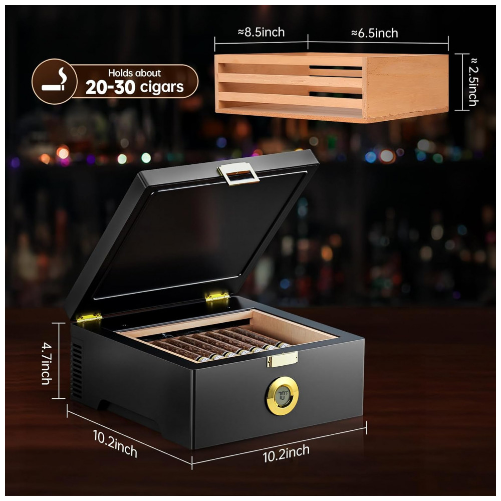 Humidor Elétrico KingChii Preto Controle Temperatura 18 23 C com Cedro Espanhol 3 L