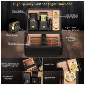 Umidificador de Charutos Kirenp Preto e Dourado com Acessórios 2 Camadas e Forro de Cedro