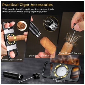 Umidificador de Charutos Kirenp Preto e Dourado com Acessórios 2 Camadas e Forro de Cedro