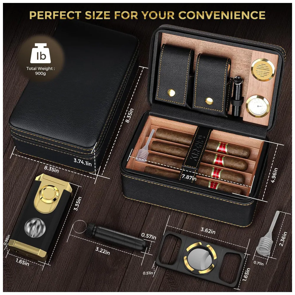 Umidificador de Charutos Kirenp Preto e Dourado com Acessórios 2 Camadas e Forro de Cedro