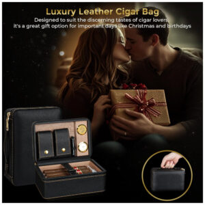 Umidificador de Charutos Kirenp Preto e Dourado com Acessórios 2 Camadas e Forro de Cedro