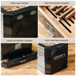 Humidor Case Elegance Octodor Preto Piano 100 Charutos Sistema Digital Hydro Cedro Espanhol