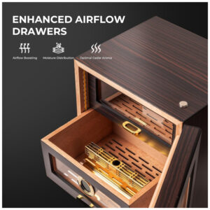 Humidor para Charutos CINOROW Ébano com LED Ajustável 150 Charutos 3 Gavetas Cedro