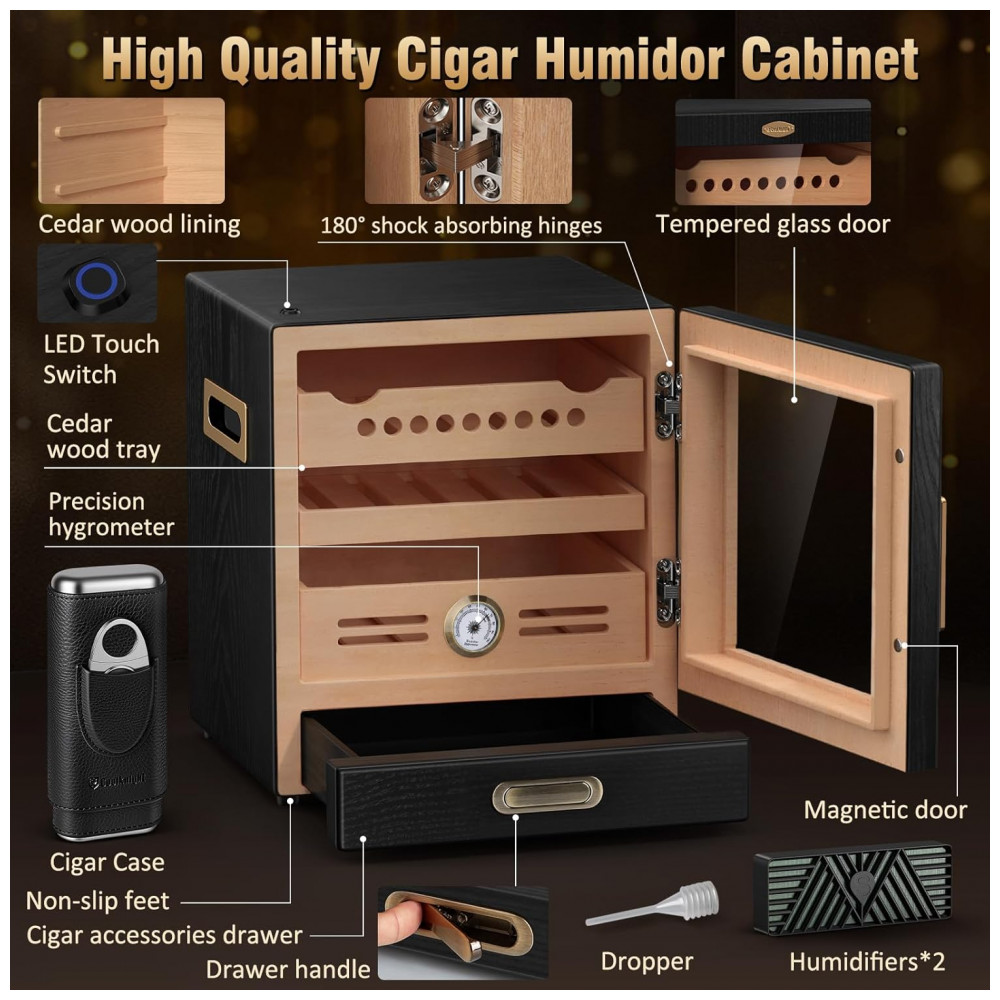 Humidor de Mesa COOL KNIGHT Preto com LED 80 100 Charutos Cedro Espanhol Higrômetro