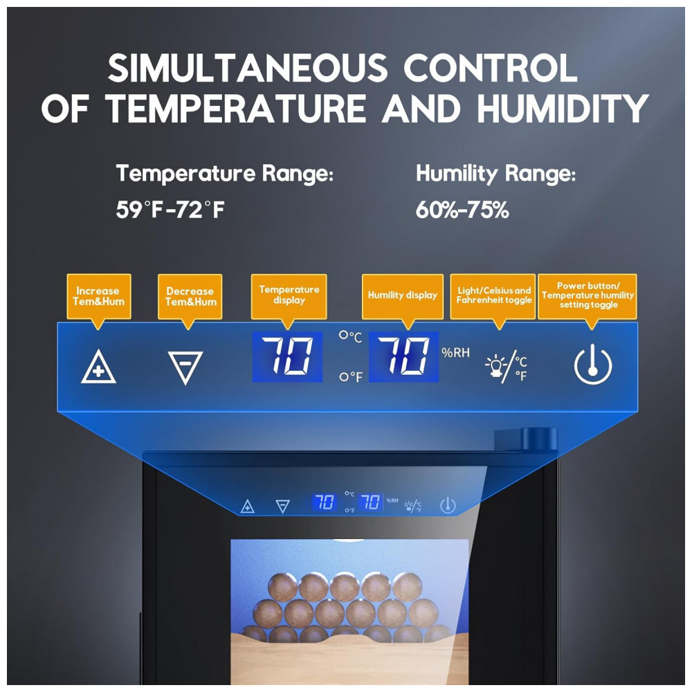 Humidor Elétrico Tylza 35L Preto Controle Digital Temperatura Umidade Cedro Espanhol 110V