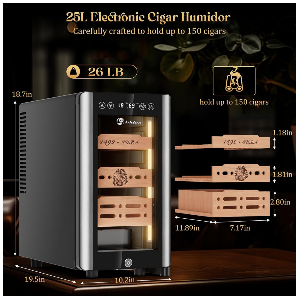 Humidor Elétrico LIHTUN 25L Preto Termoelétrico 150 Charutos Temperatura e Umidade Ajustável 110V