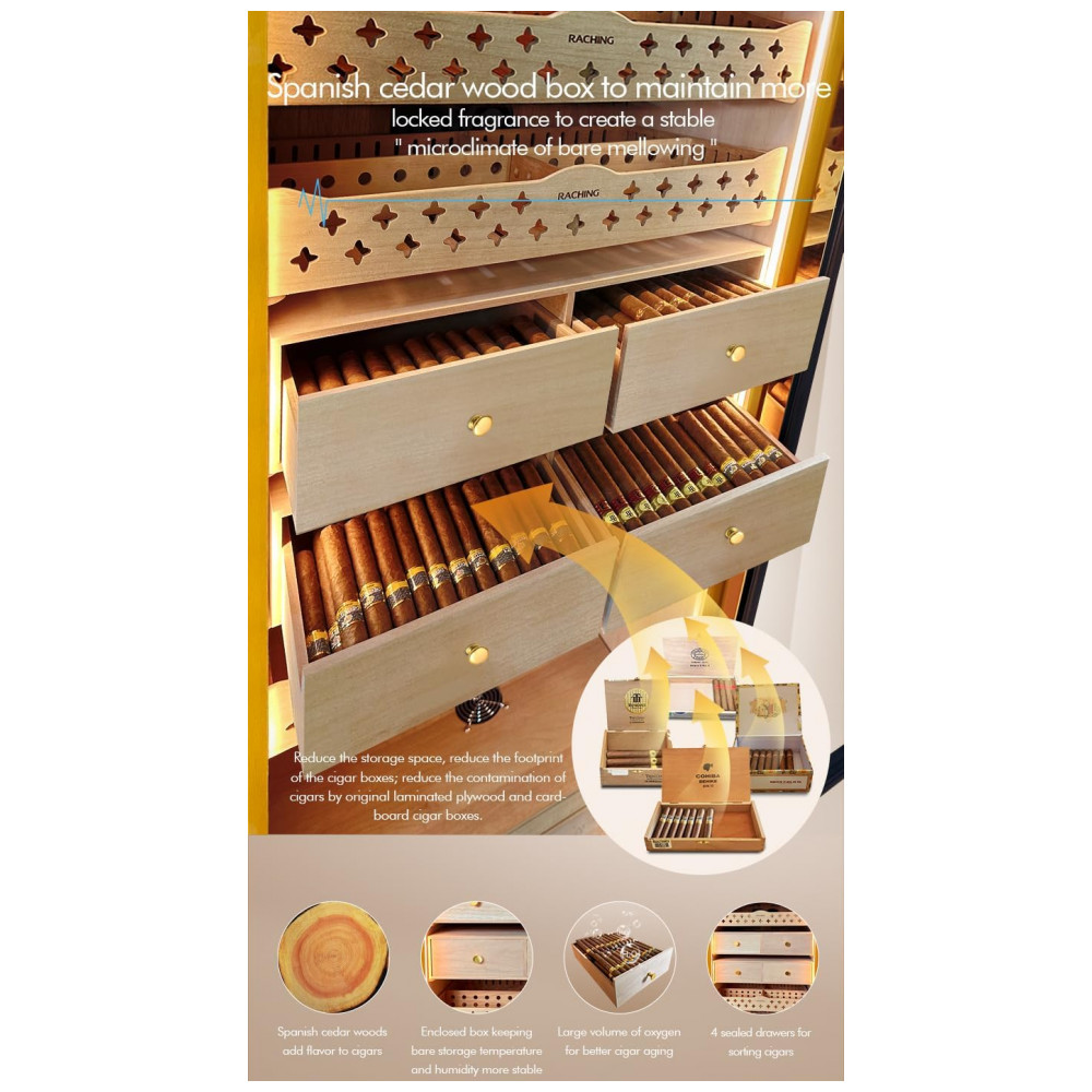 Humidor Elétrico RACHING MON5800A Preto Capacidade 3 4000 Charutos Controle Climático 110V