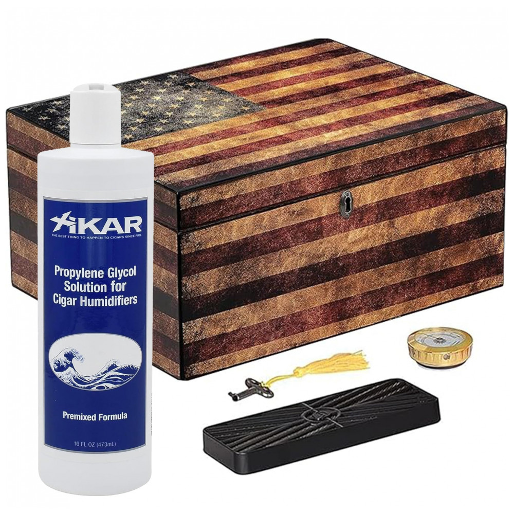 Umidificador de Charutos Xikar Marrom com Higrômetro de Vidro e Bandeja de Cedro Espanhol Design Bandeira Americana Capacidade para 100 Charutos