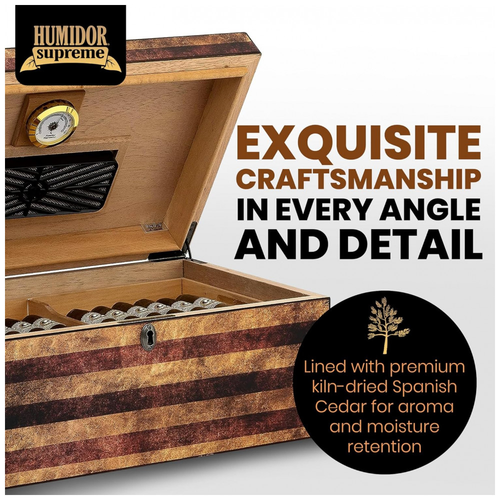 Umidificador de Charutos Xikar Marrom com Higrômetro de Vidro e Bandeja de Cedro Espanhol Design Bandeira Americana Capacidade para 100 Charutos