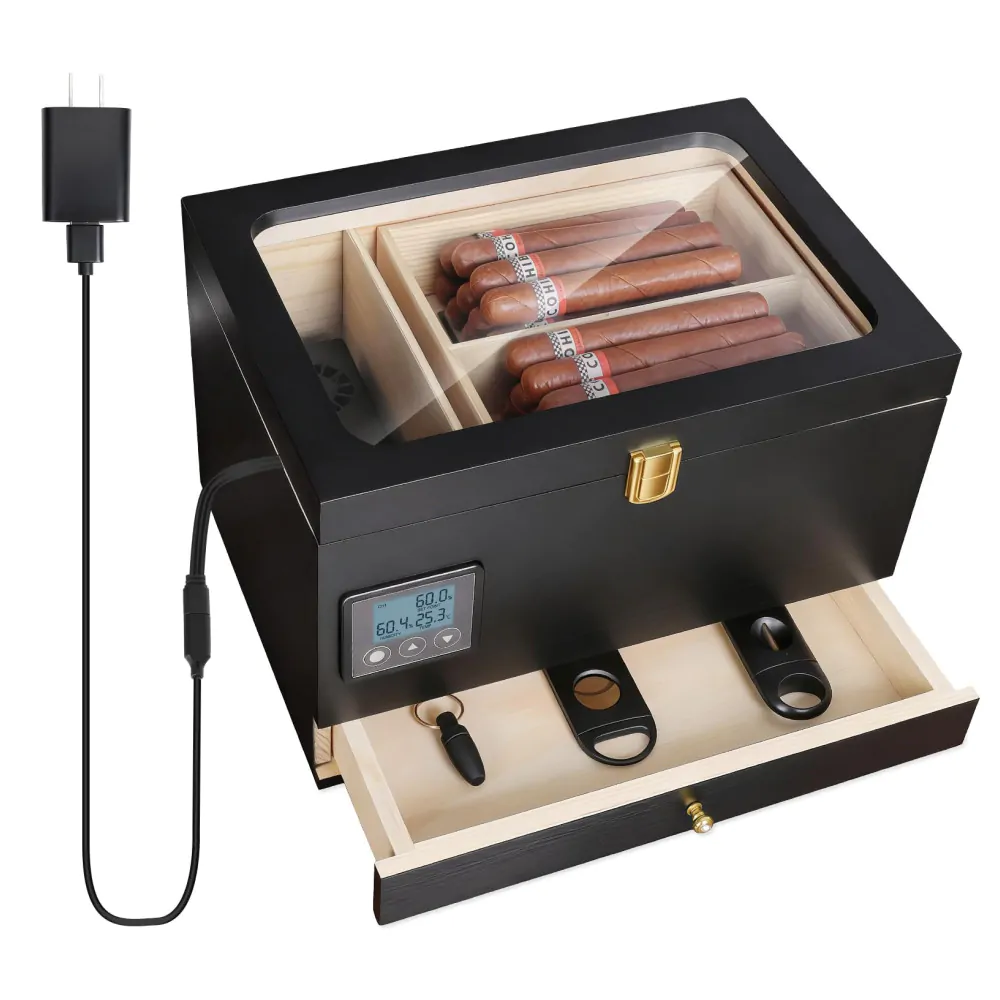 Umidor Elétrico Ronfnea Preto 65 Charutos com Controle de Umidade Digital e Madeira de Cedro Espanhol 110V