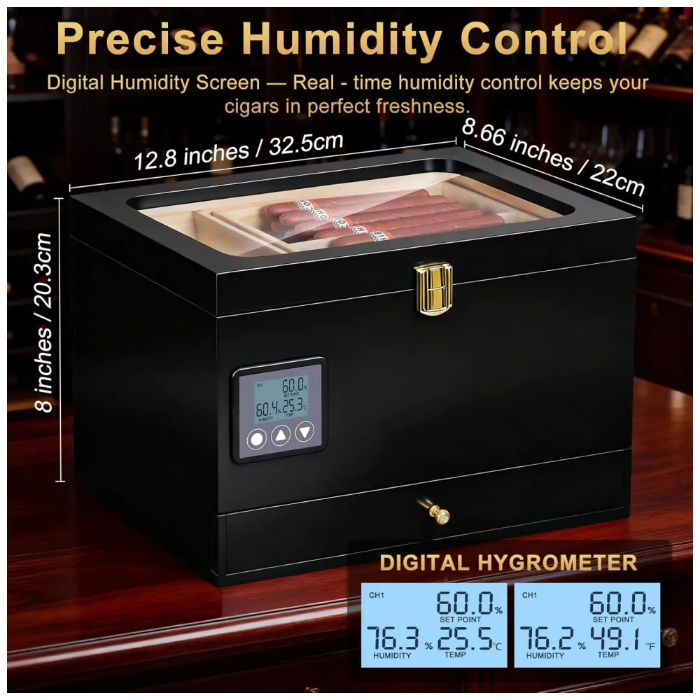 Umidor Elétrico Ronfnea Preto 65 Charutos com Controle de Umidade Digital e Madeira de Cedro Espanhol 110V