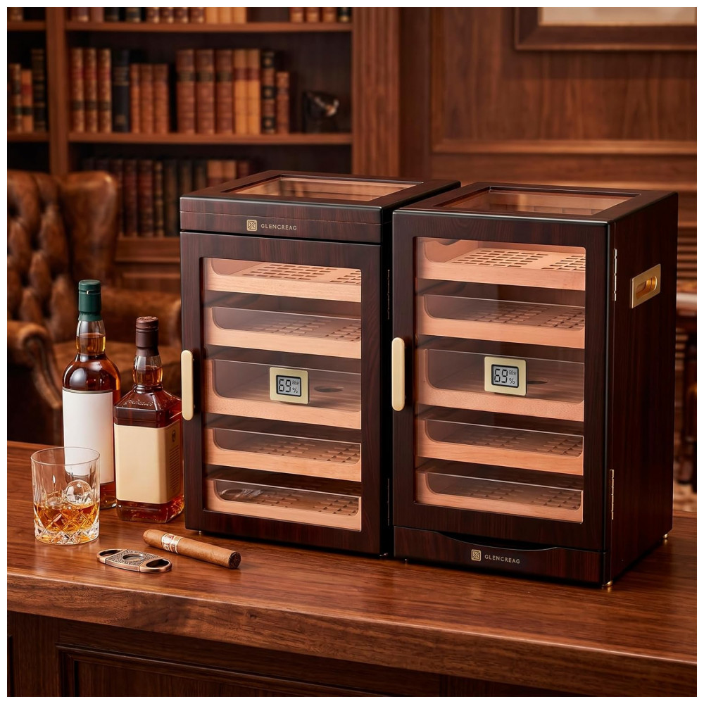 Humidor para Charutos GLENCREAG Marrom Avermelhado 250 Charutos Digital com Higrômetro