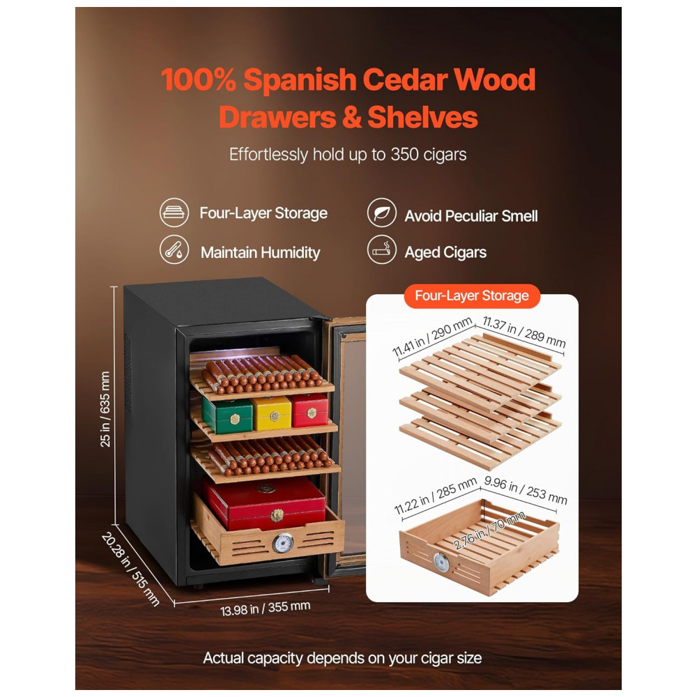 Humidor Elétrico VEVOR 48L Preto 350 Charutos Controle de Temperatura 110V