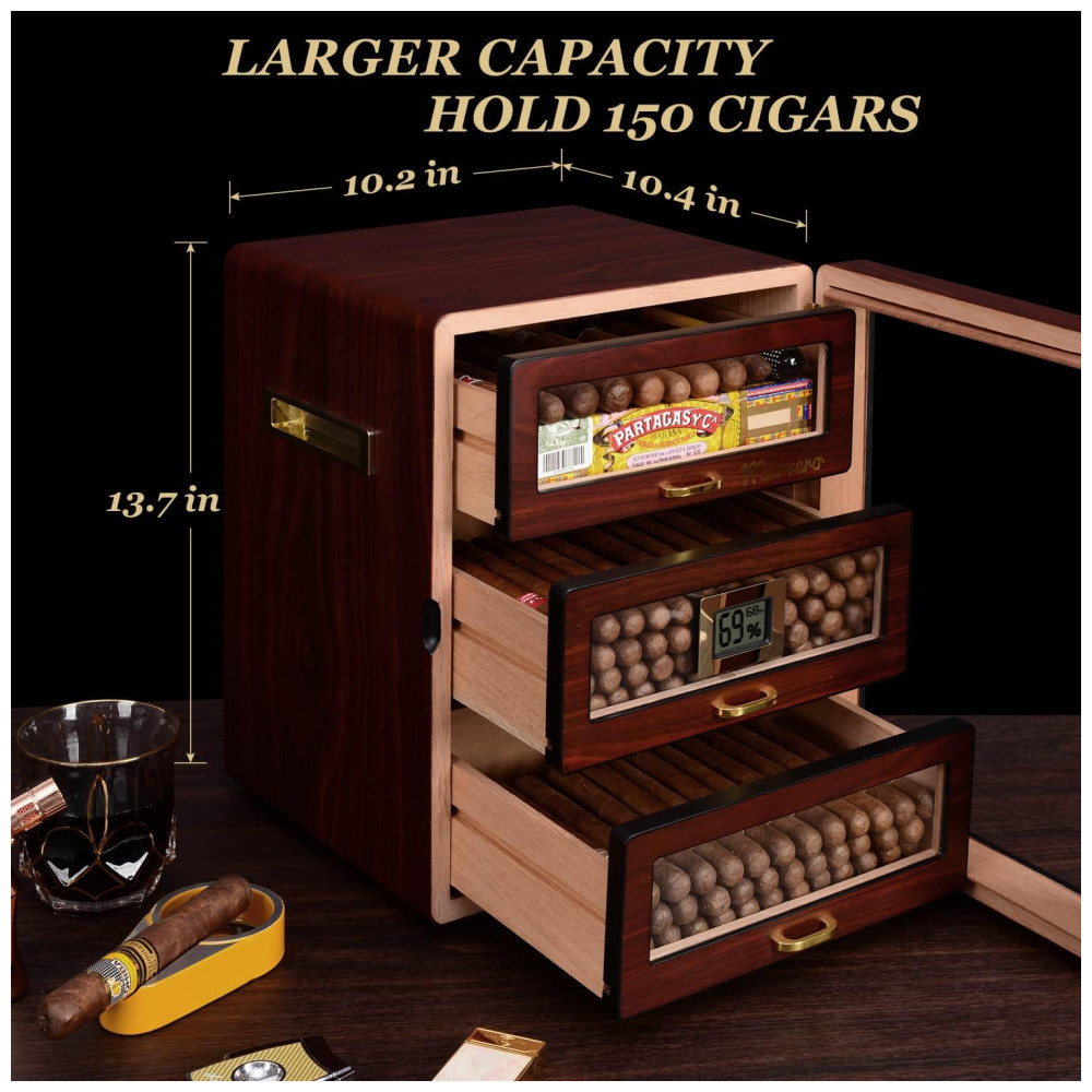 Humidor para Charutos Marvero Ébano 150 Unidades com Higrômetro Digital e Gavetas de Cedro