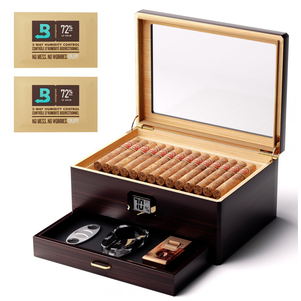 Humidor Woodronic Preto com Higrômetro Digital e Vedação Hermética para 50 80 Charutos