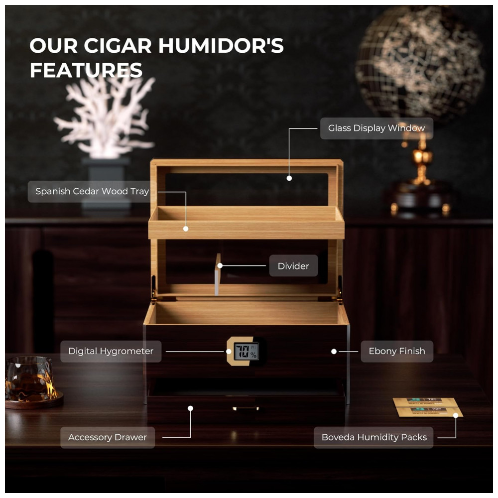 Humidor Woodronic Preto com Higrômetro Digital e Vedação Hermética para 50 80 Charutos
