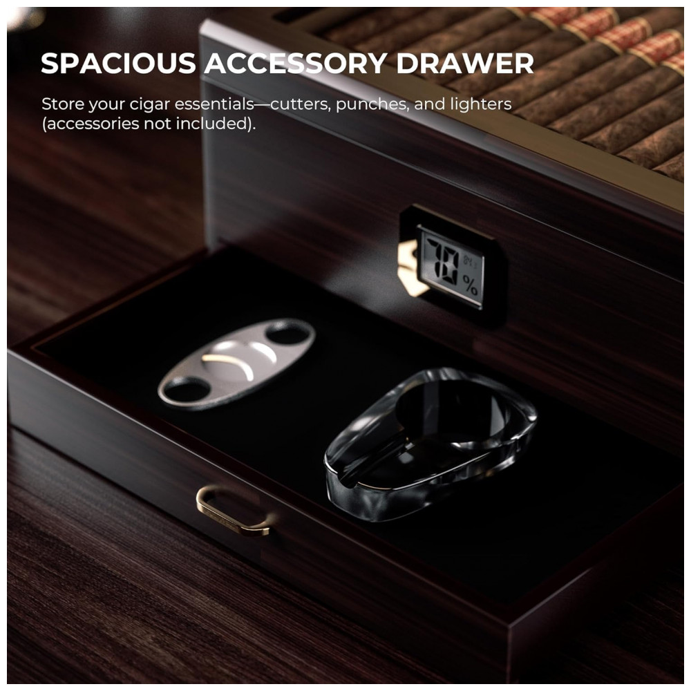 Humidor Woodronic Preto com Higrômetro Digital e Vedação Hermética para 50 80 Charutos