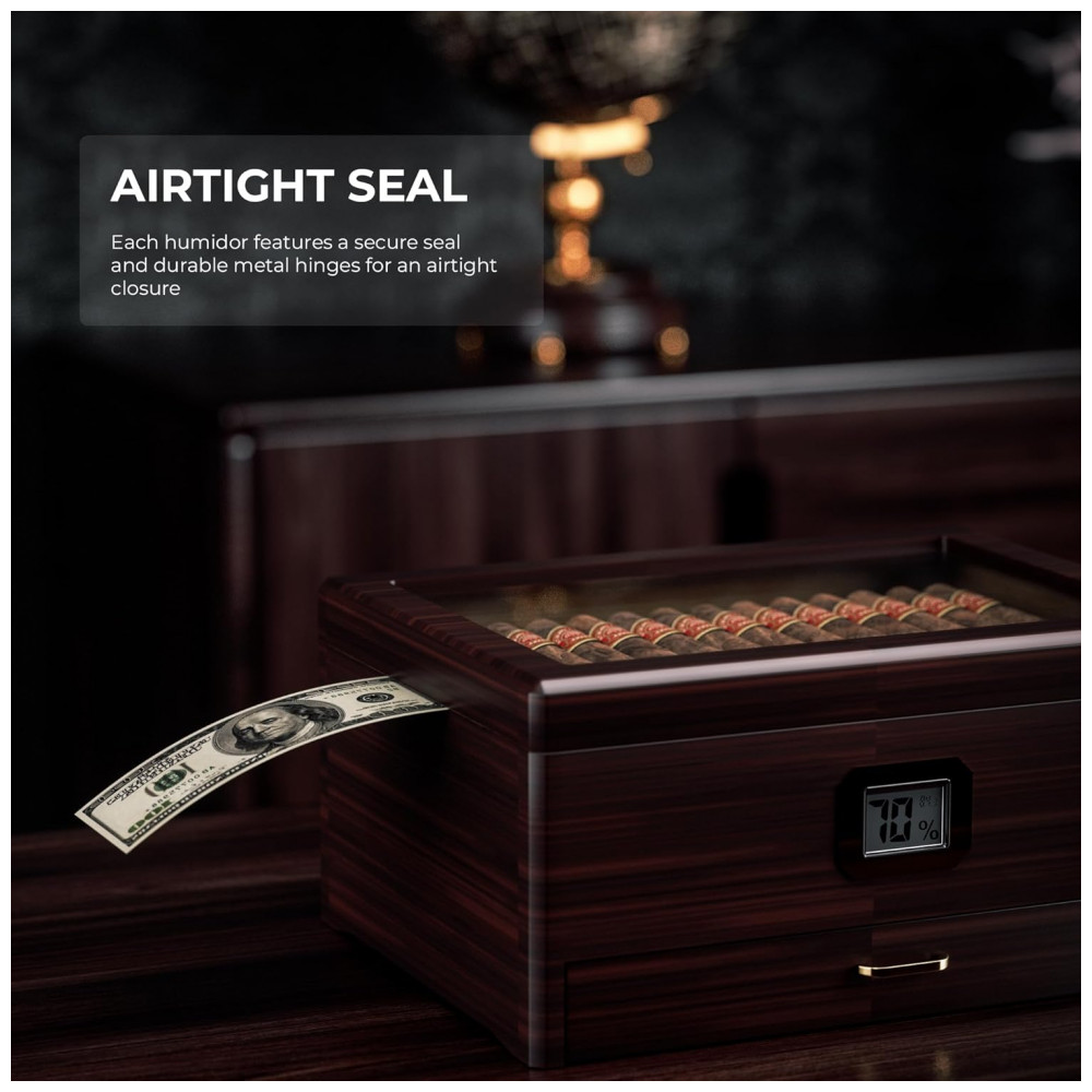 Humidor Woodronic Preto com Higrômetro Digital e Vedação Hermética para 50 80 Charutos