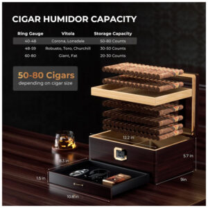 Humidor Woodronic Preto com Higrômetro Digital e Vedação Hermética para 50 80 Charutos