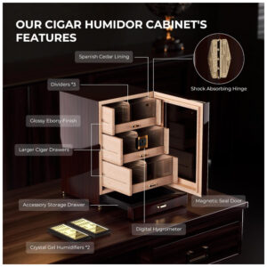 Humidor de Charutos Woodronic Ébano com LED 100 150 Charutos Madeira Cedro Higrômetro Digital