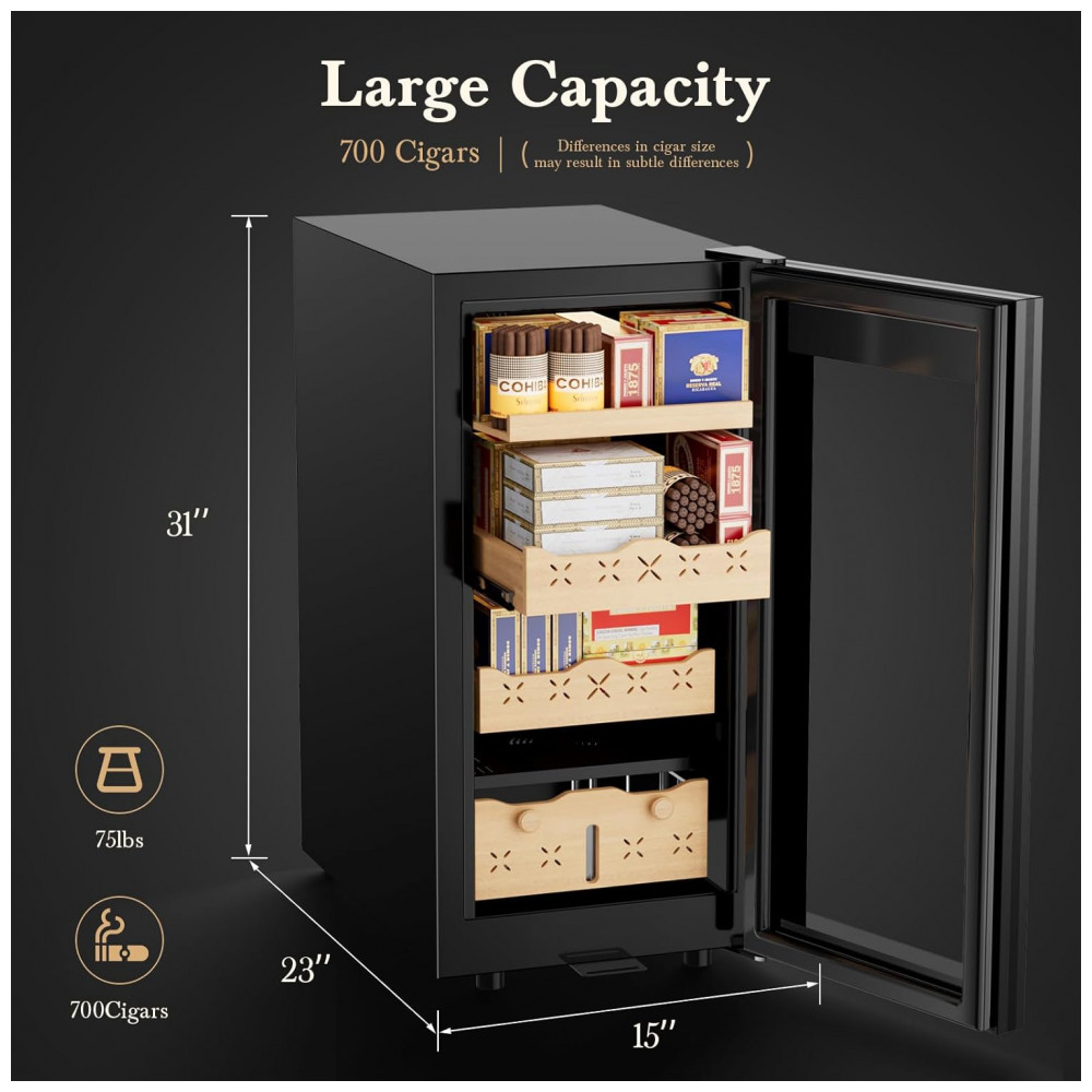 Humidor Mirfee Preto 85L Controle Digital Temperatura e Umidade 700 Charutos