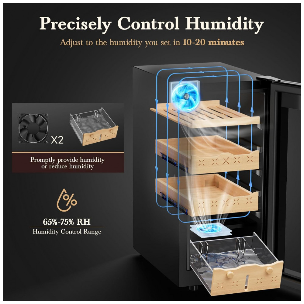 Humidor Mirfee Preto 85L Controle Digital Temperatura e Umidade 700 Charutos