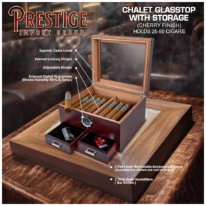Humidor para Charutos Prestige Import Group Cerejeira com Tampa de Vidro e Gavetas de Armazenamento