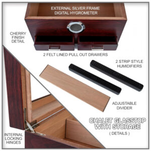 Humidor para Charutos Prestige Import Group Cerejeira com Tampa de Vidro e Gavetas de Armazenamento