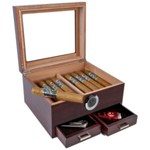 Humidor para Charutos Prestige Import Group Cerejeira com Tampa de Vidro e Gavetas de Armazenamento