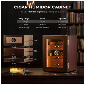 Humidor para Charutos CINOROW com LED Ajustável 3 Gavetas Cedro Espanhol 100 150 Charutos