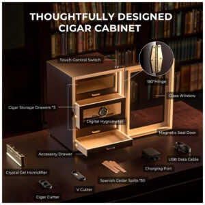 Humidor para Charutos CINOROW com LED Ajustável 3 Gavetas Cedro Espanhol 100 150 Charutos
