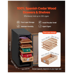 Humidor Elétrico VEVOR Preto Controle Temperatura 250 Charutos 110V