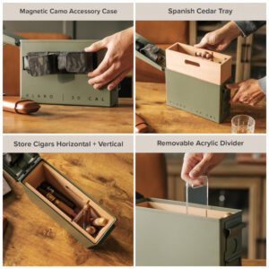 Humidor para Charutos Case Elegance Verde Militar Caixa Munição 30 Cal com Divisor e Bandeja Cedro