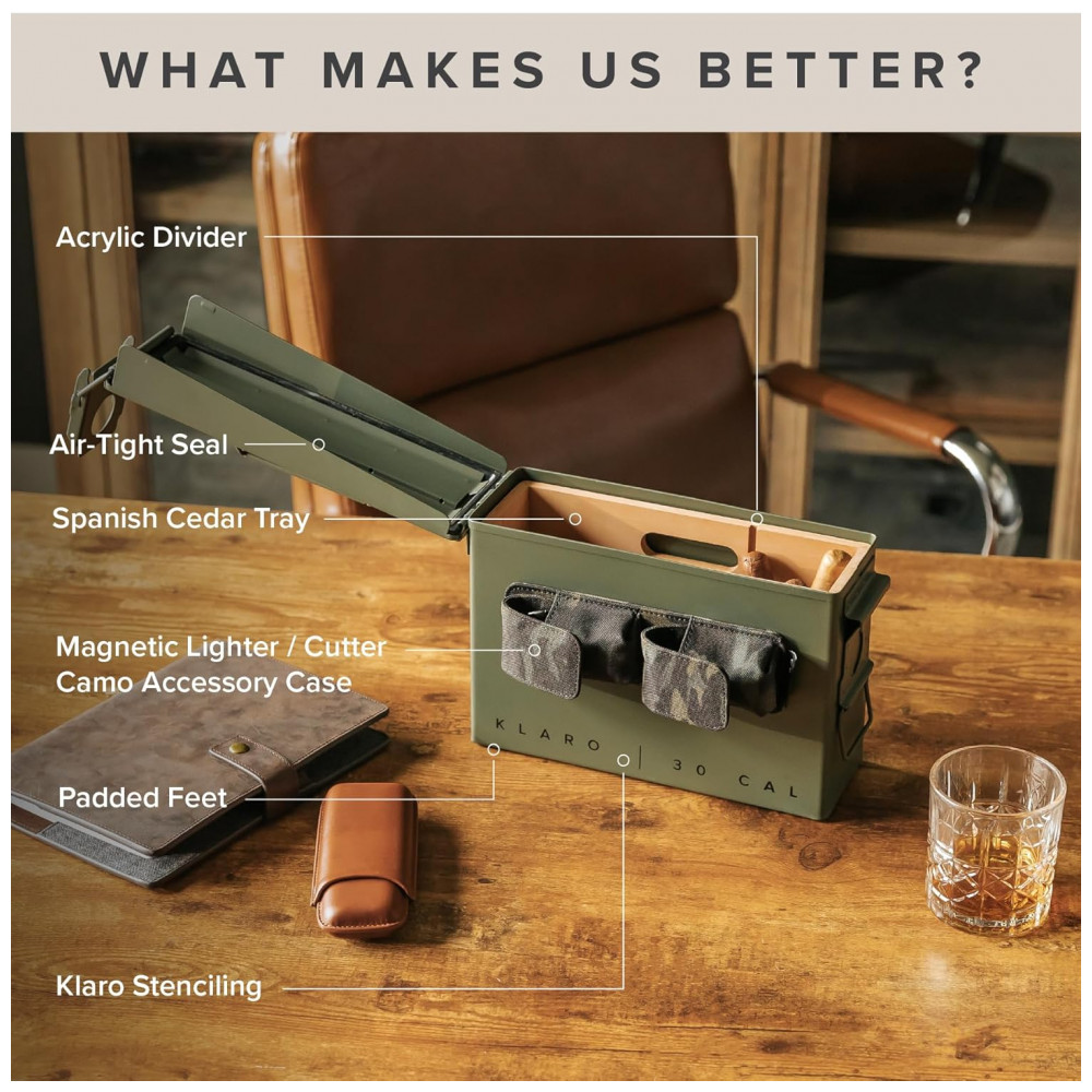 Humidor para Charutos Case Elegance Verde Militar Caixa Munição 30 Cal com Divisor e Bandeja Cedro
