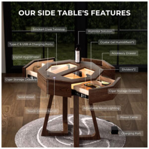 Mesa Lateral Charutos Woodronic Octogonal Madeira Natural LED Touch Control Portas USB C e USB A