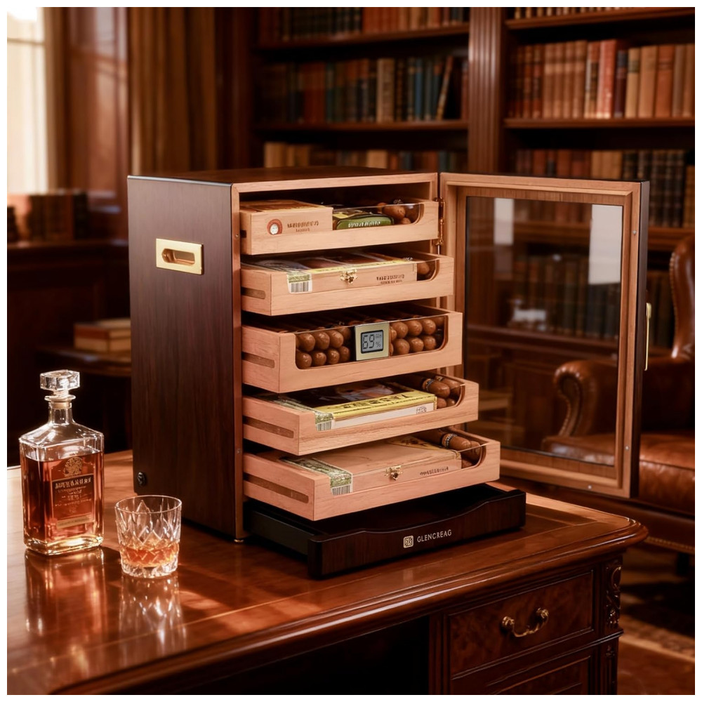 Gabinete Humidor GLENCREAG Marrom Avermelhado para 250 Charutos com Cedro Espanhol e Higrômetro Digital