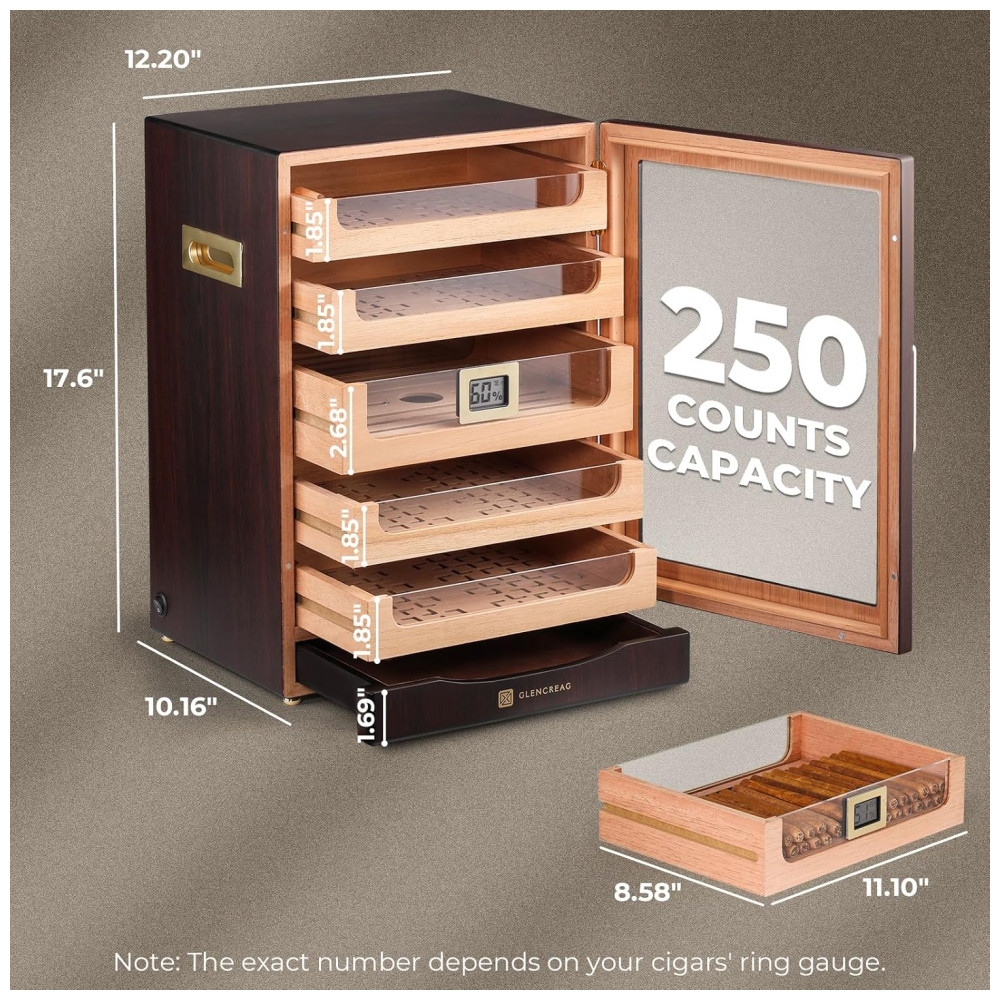 Gabinete Humidor GLENCREAG Marrom Avermelhado para 250 Charutos com Cedro Espanhol e Higrômetro Digital