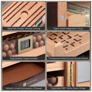Gabinete Humidor GLENCREAG Marrom Avermelhado para 250 Charutos com Cedro Espanhol e Higrômetro Digital
