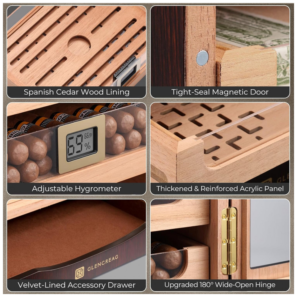 Gabinete Humidor GLENCREAG Marrom Avermelhado para 250 Charutos com Cedro Espanhol e Higrômetro Digital