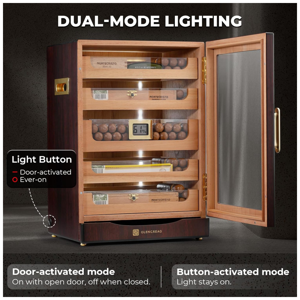Gabinete Humidor GLENCREAG Marrom Avermelhado para 250 Charutos com Cedro Espanhol e Higrômetro Digital