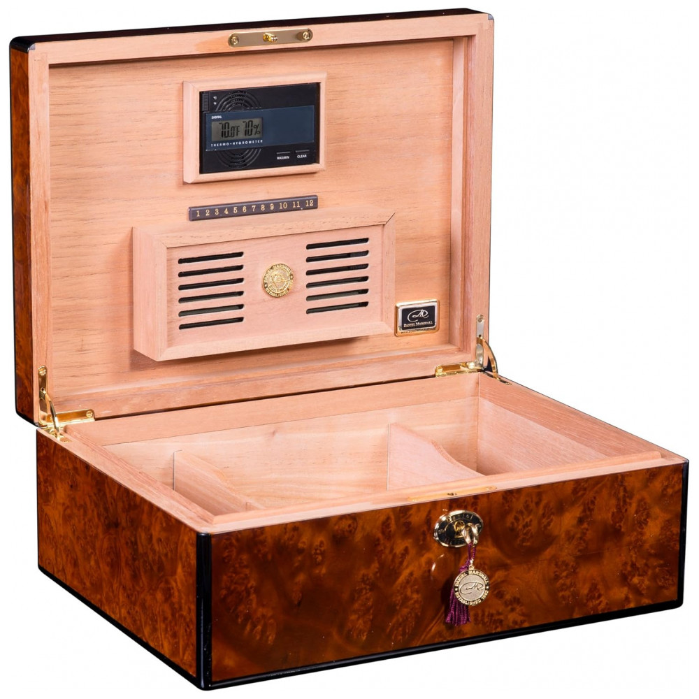 Humidor para Charutos Daniel Marshall 125 Unidades Madeira Burl com Bandeja Removível
