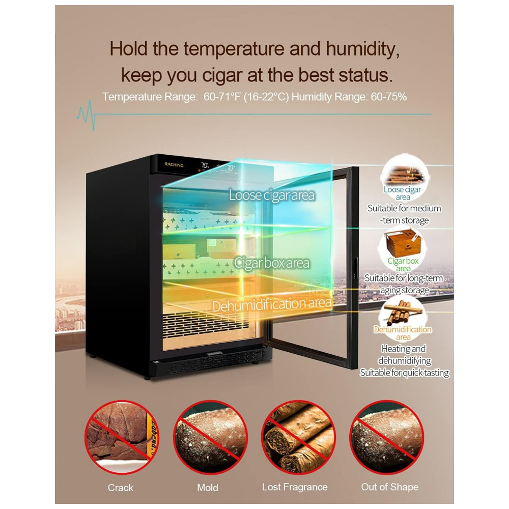 Humidor Elétrico Raching MON800A Preto Controle Climático 600 Charutos 140L 110V
