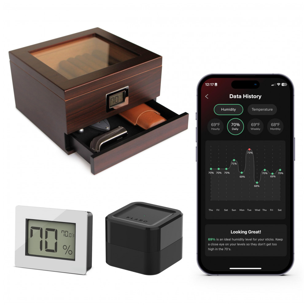 Humidor Case Elegance Renzo Preto e Cromo Cedro Espanhol com Higrômetro Digital WiFi Monitoramento Remoto iOS Android