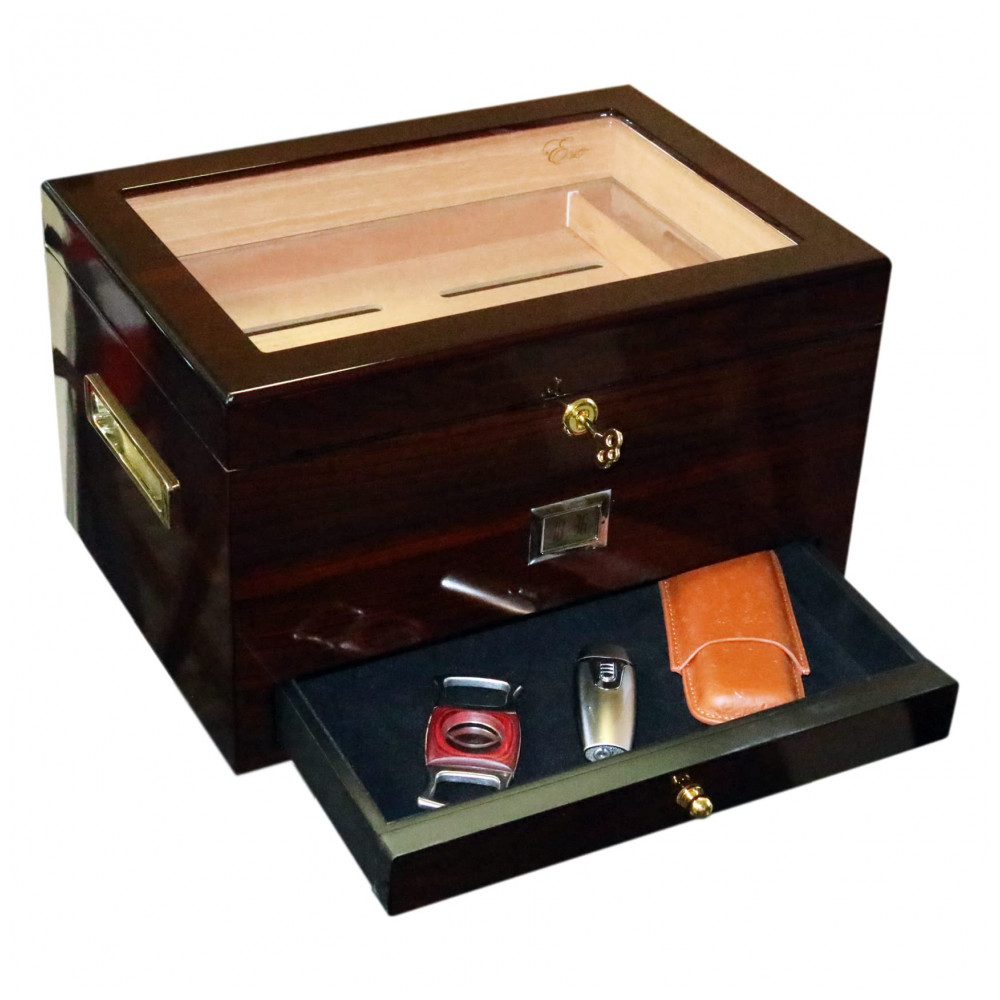 Humidor Expositor EWT Mogno Escuro 70 120 Charutos com Gaveta e Higrômetro Digital