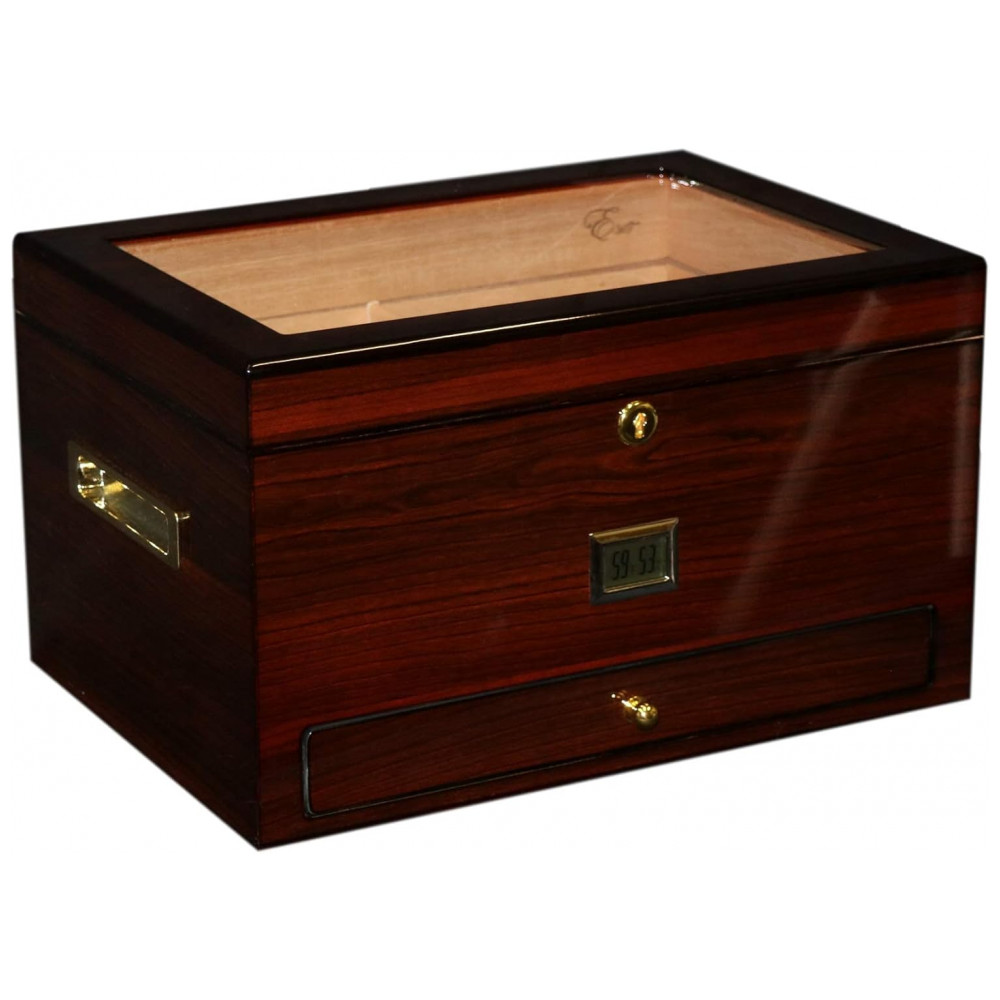 Humidor Expositor EWT Mogno Escuro 70 120 Charutos com Gaveta e Higrômetro Digital