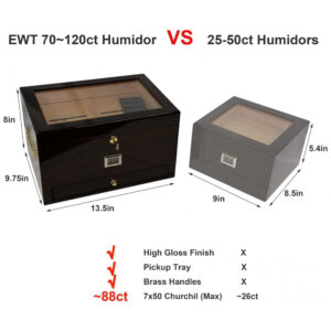 Humidor Expositor EWT Mogno Escuro 70 120 Charutos com Gaveta e Higrômetro Digital